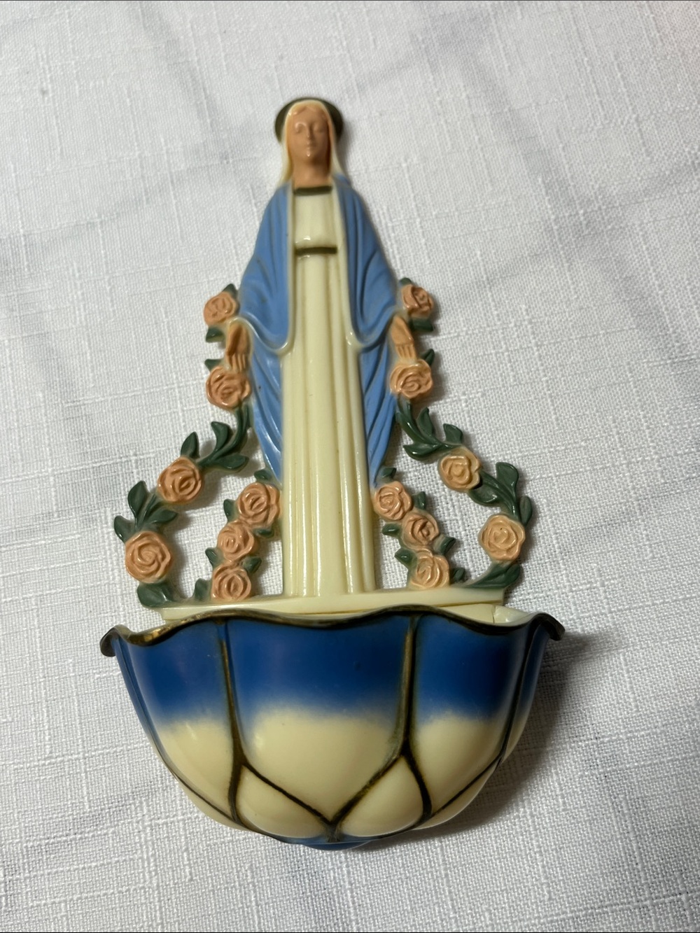 Virgin Mary Wall Holy Water Font with Blue and Cream Colors
Hartland